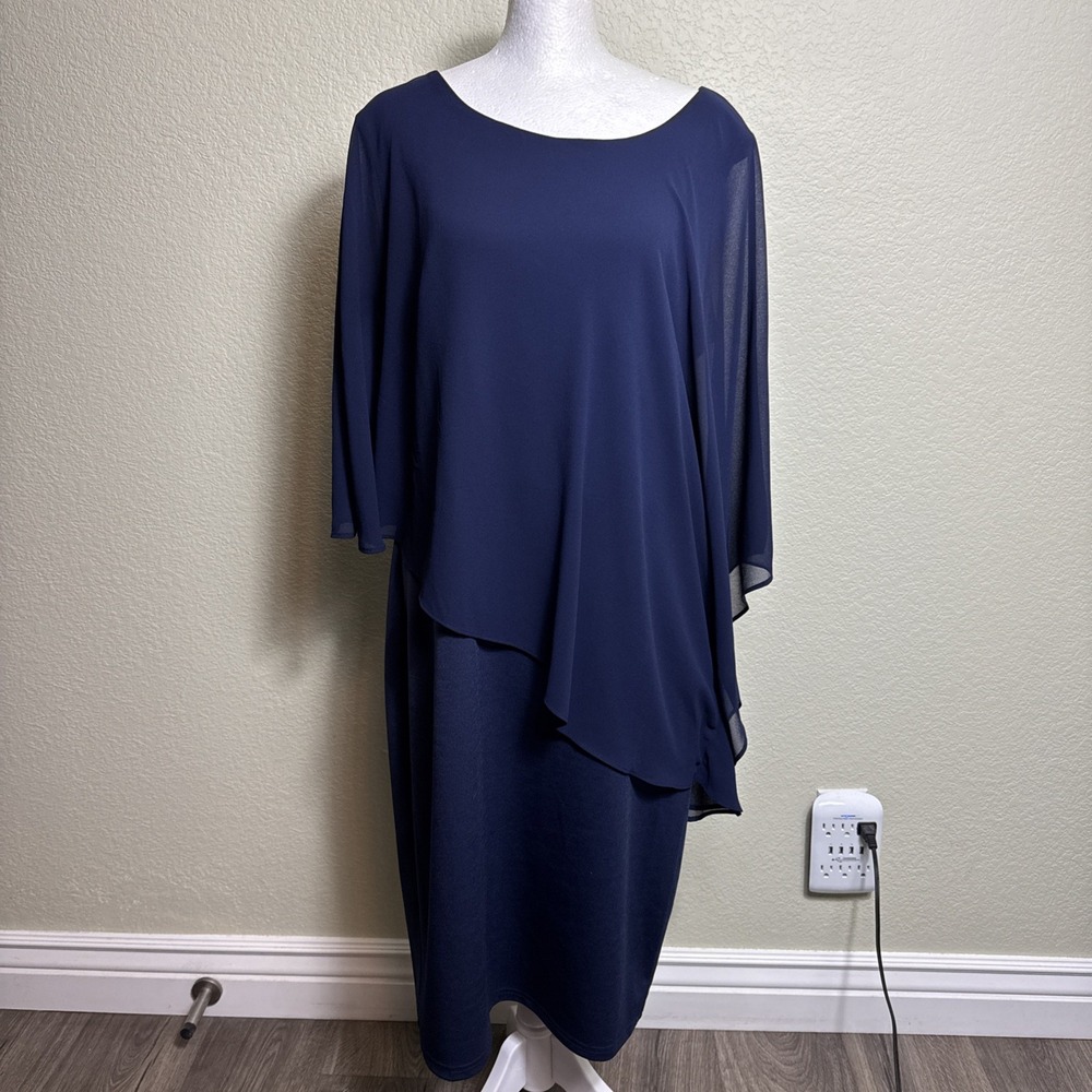 Hanna Nikole Women's Dress Blue Size XL Stretch Chiffon Cape Overlay Midi‎ Zip